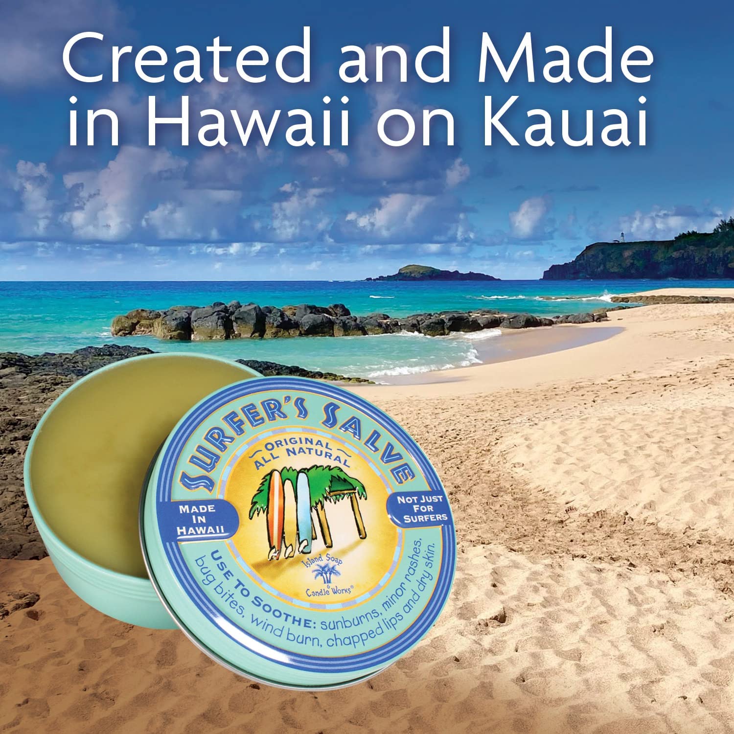 Island Soap & Candle Works Surfer's Salve - All Natural Skin Soothing Balm - Moisturizing Anti-Chafing Ointment for Insect Bites, Sunburn, Windburn, Chapped Lips, Rashes & New Tattoos - 4 Ounce
